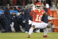 FILE PHOTO: Jan 20, 2019; Kansas City, MO, USA; Kansas City Chiefs wide receiver Tyreek Hill (10) reacts during the first half of the AFC Championship game against the New England Patriots at Arrowhead Stadium. Mandatory Credit: Kirby Lee-USA TODAY Sports