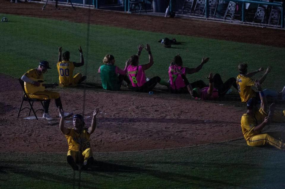 Savanna Bananas and Party Animals entertain fans while the power was out for about 30 minutes during the Savannah Bananas World Tour on Saturday, July 29, 2023, at Sutter Health Park in West Sacramento.