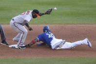 Toronto Blue Jays Jonathan Villar safely steals second base as Baltimore Orioles infielder Hanser Alberto drops the ball during the eighth inning of a baseball game, Sunday, Sept. 27, 2020, in Buffalo, N.Y. (AP Photo/Jeffrey T. Barnes)