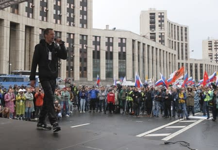 Leader of Russian band Krovostok Chernyak attends a rally to demand authorities allow opposition candidates to run in a local election in Moscow