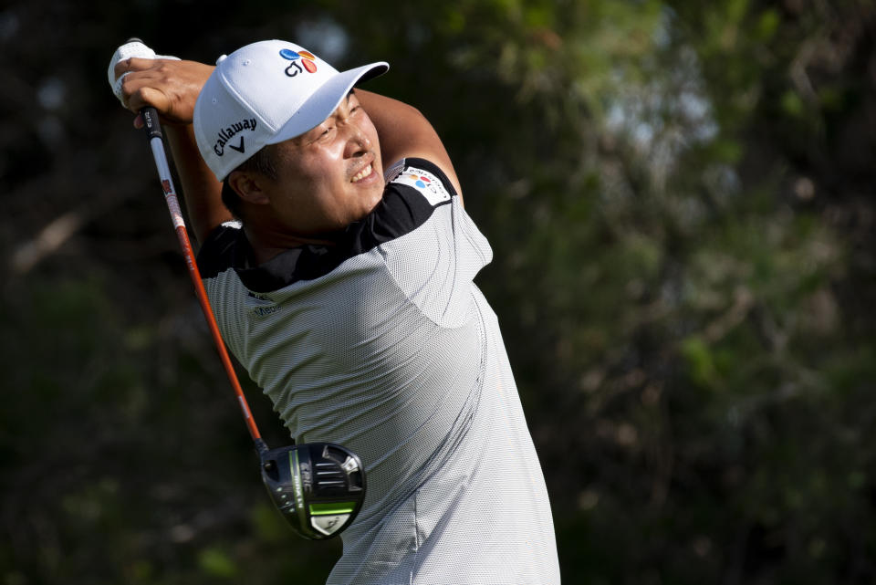 K.H. Lee tees off on the 14th hole during the second round of the AT&T Byron Nelson golf tournament in McKinney, Texas, on Friday, May 13, 2022. (AP Photo/Emil Lippe)