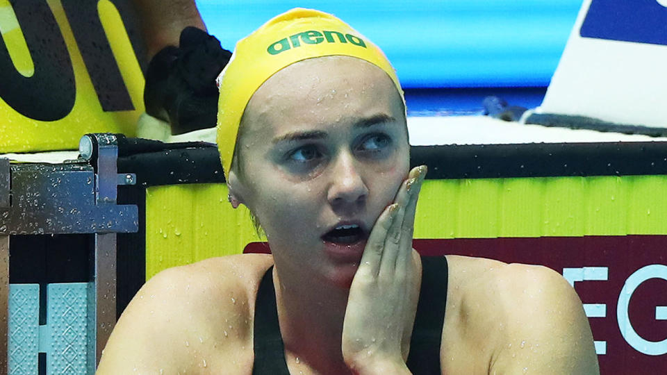 Ariarne Titmus reacts with shock after winning the Women's 400m Freestyle. (Photo by Clive Rose/Getty Images)