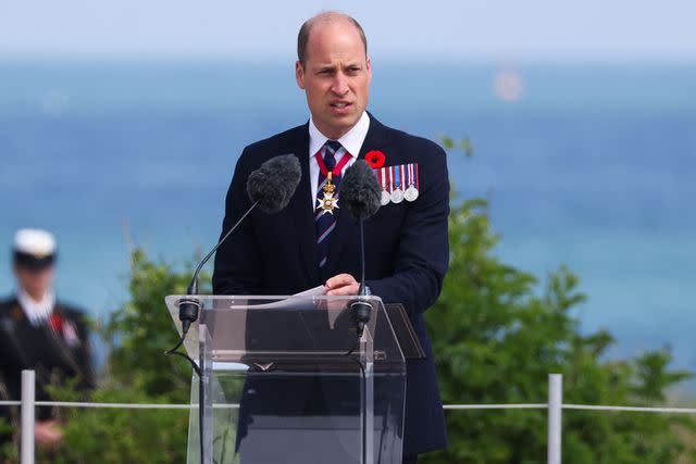 <p>Vianney Le Caer/Shutterstock</p> Prince William speaks at the Canadian government ceremony commemorating the 80th anniversary of D-Day at Juno Beach in Courseulles-sur-Mer, France, on June 6, 2024.