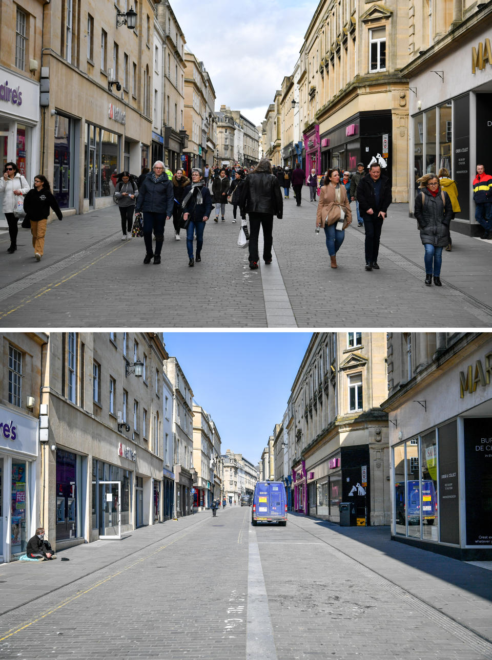 A composite image of the streets in the centre of Bath busy with visitors and shoppers on 11/03/20 (top) and the empty streets on Tuesday 24/03/20 the day after Prime Minister Boris Johnson put the UK in lockdown to help curb the spread of the coronavirus.