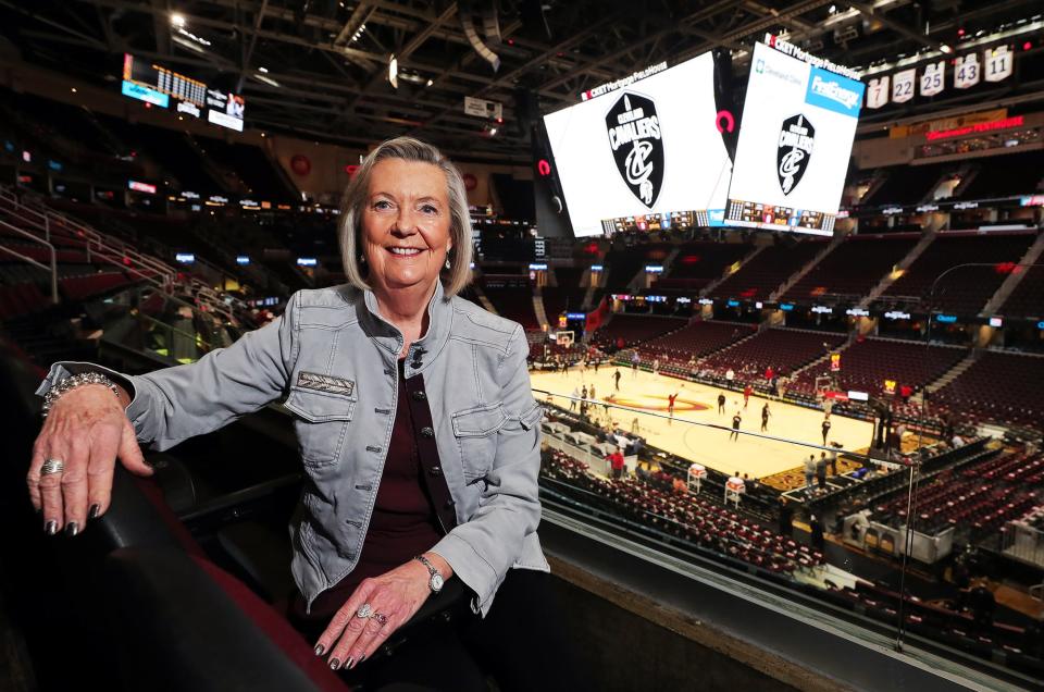 Akron Beacon Journal sports columnist Marla Ridenour poses for a portrait in Rocket Mortgage FieldHouse before an NBA basketball game between the Cleveland Cavaliers and the Dallas Mavericks.