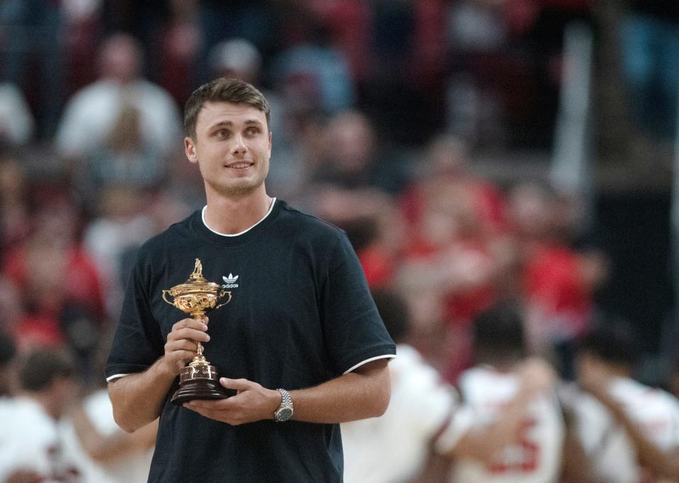 Texas Tech's Ludvig Aberg is honored during the Texas Tech basketball game against Texas A&M-Commerce, Wednesday, Nov. 8, 2023, at United Supermarkets Arena.