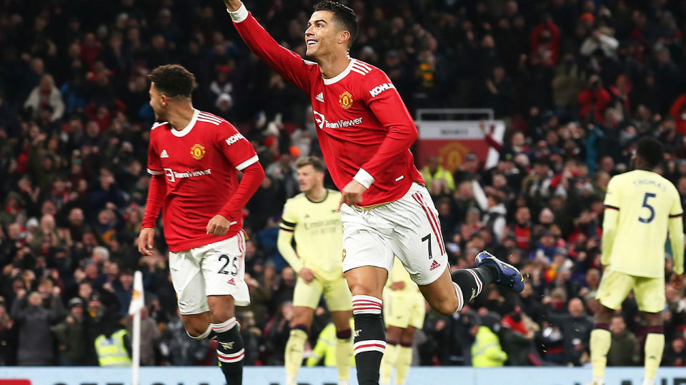 Cristiano Ronaldo, pictured here after scoring his 800th career goal in Manchester United's win over Arsenal.