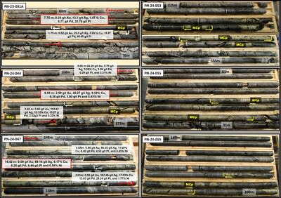 Figure 4: Core pictures showing the relation between observed massive chalcopyrite and grade, and massive chalcopyrite (MCp) observed in three other recent holes. (CNW Group/Power Nickel Inc.)