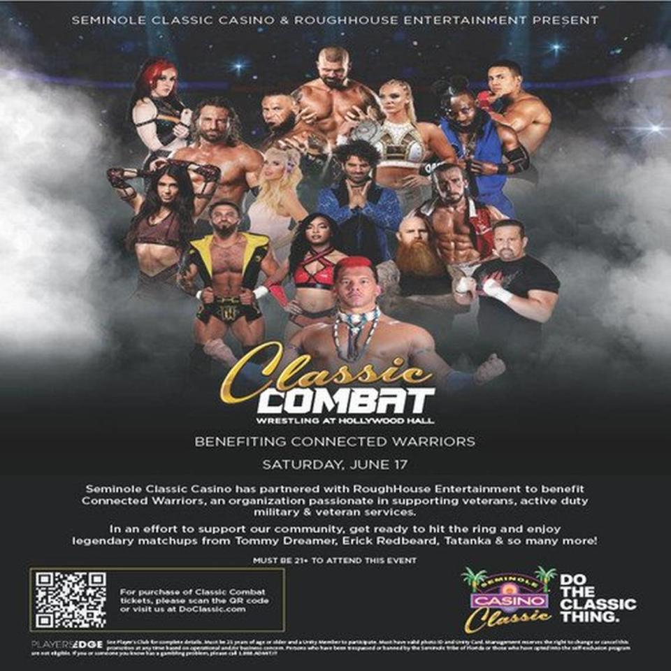 “Classic Combat” pro wrestling -- via RoughHouse Entertainment and Seminole Classic Casino -- is Saturday, June 17 at Hollywood Hall of Seminole Casino Classic in South Florida near Hollywood.