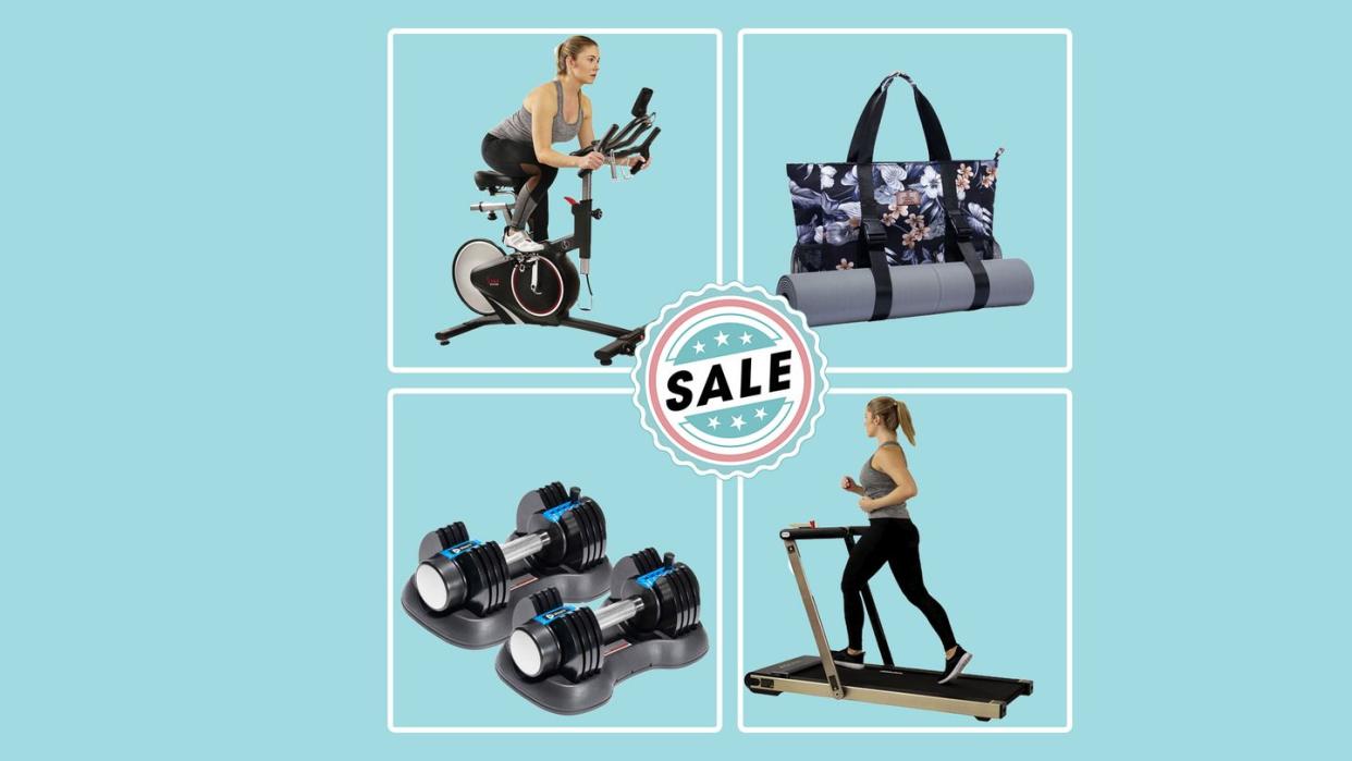 four amazon outlet fitness equipment deals in may in front of a blue background with a sale image in the center