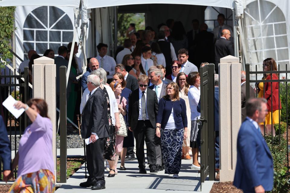 Attendees of the dedication of the Saratoga Springs Utah Temple file out after a session in Saratoga Springs, Utah, on Sunday, Aug. 13, 2023. | Scott G Winterton, Deseret News