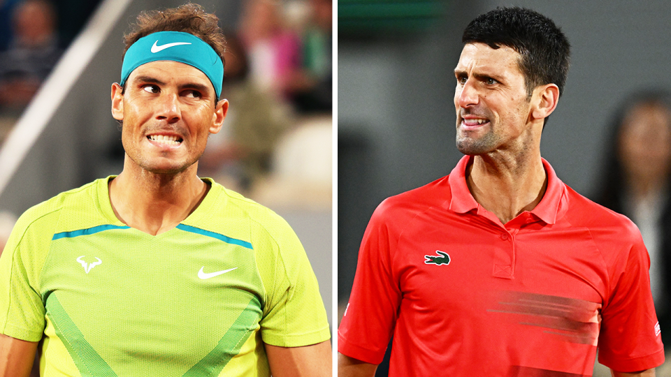 Novak Djokovic (pictured right) looking frustrated at his player's box and (pictured left) Rafa Nadal reacting after losing a point at the French Open.|