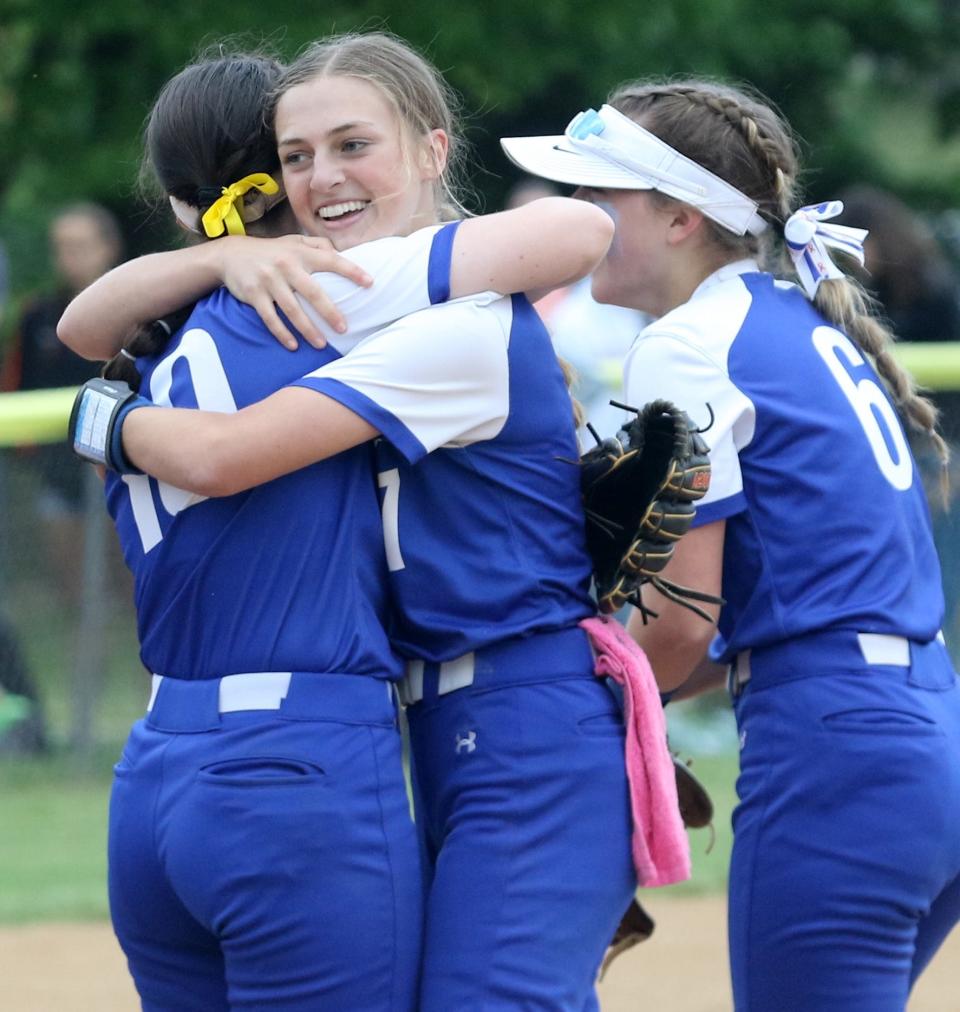 Molly Wolf, left, hugs her sister, Megan Wolf, after Horseheads' 7-5 win over Corning in the Section 4 Class AA softball championship game May 28, 2022 at the BAGSAI Complex in Binghamton.