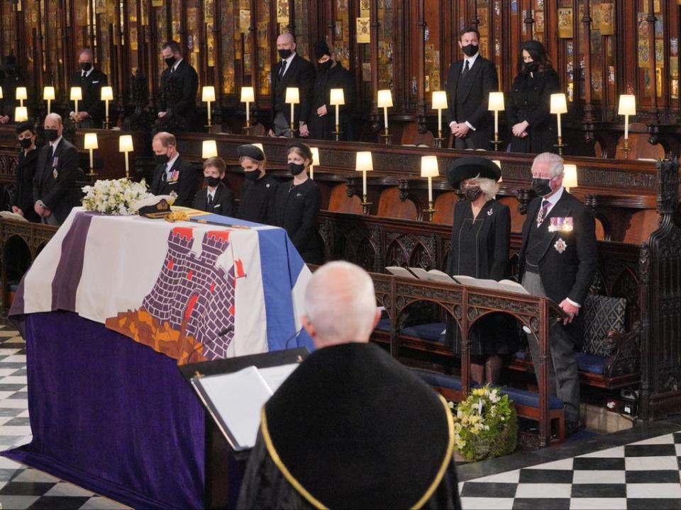 Mourners, including the Duchess and Duke of Cambridge, attend the funeral of Prince Philip at St George’s Chapel, Windsor Castle, on 17 April  (Getty)