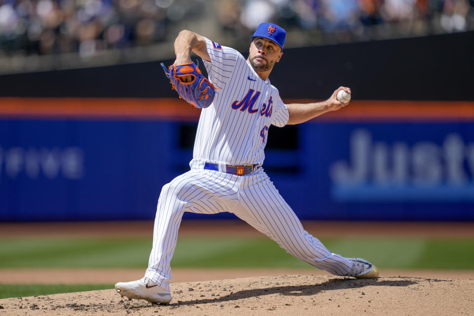 FILE - New York Mets starting pitcher Joey Lucchesi (47) throws in the second inning of a baseball game against the Colorado Rockies, Sunday, May 7, 2023, in New York. Lora and Matt Greco hosted players in Lake Elsinore — a Class A affiliate for the San Diego Padres — for three seasons from 2017-19. Their tenants included future big-league pitchers Joey Lucchesi and David Bednar.(AP Photo/John Minchillo)