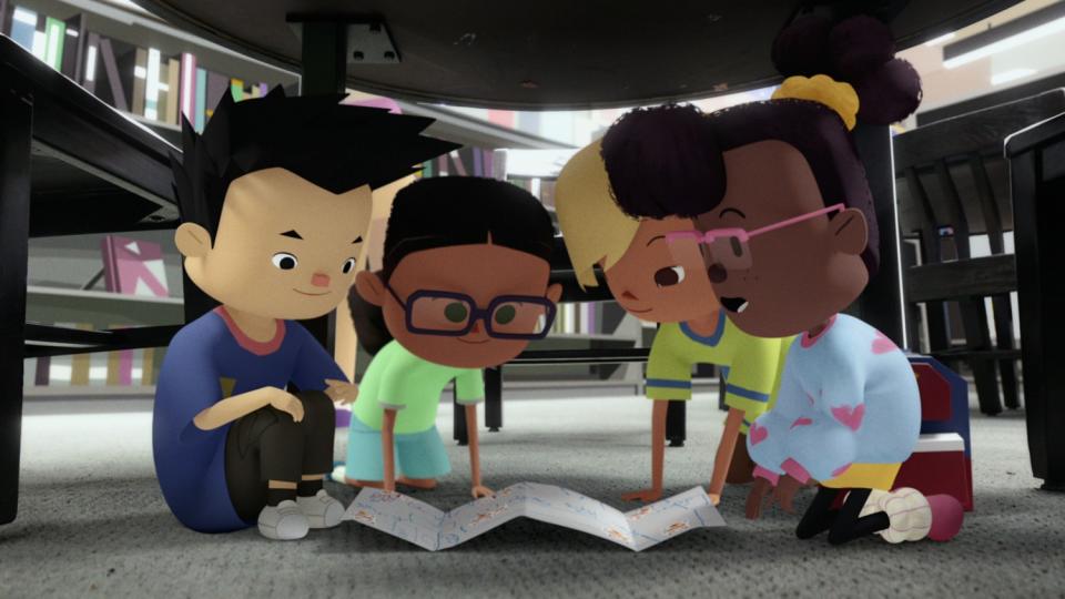 Four animated characters sit huddled under a table in a library looking at a map.