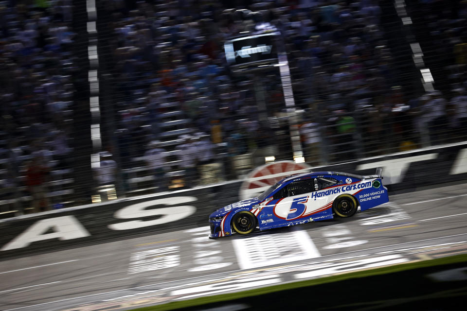 Kyle Larson crosses the finish line to win the NASCAR All-Star Race at Texas Motor Speedway on June 13, 2021 in Fort Worth, Texas. (Jared C. Tilton/Getty Images)