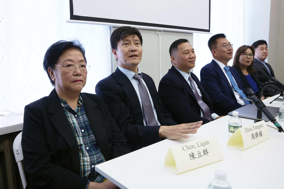 Members of the June 4 Massacre Memorial Association committee from right to left; Jin Yan, Lu Jinghua, David Yu, Wang Dan, also known as Dan Wang, Zhou Fengsuo, Chen Liqun answer questions during a press conference at the June 4th Memorial Exhibit on Thursday, June 1, 2023, in New York. The exhibit will open Friday, June 2, 2023, in New York, ahead of the June 4 anniversary of the violence that ended China's 1989 Tiananmen protests. (AP Photo/Andres Kudacki)