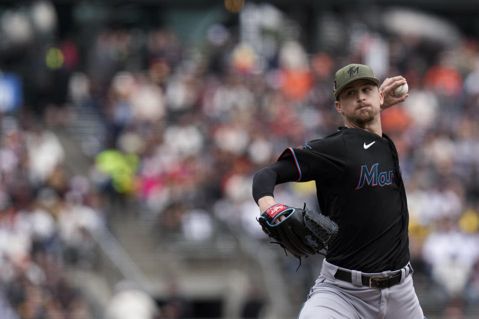 Miami Marlins' Braxton Garrett pitches against the San Francisco Giants during the first inning of a baseball game in San Francisco, Saturday, May 20, 2023. (AP Photo/Godofredo A. Vásquez)