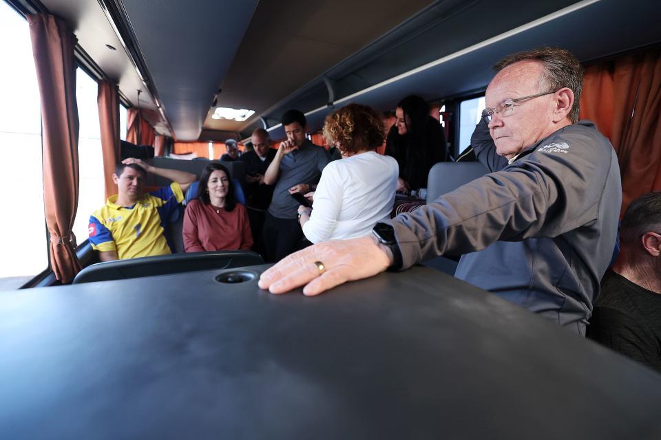 Utah Senate President Stuart Adams and others talk during a bus ride to Khmelnytskyi, Ukraine, on Monday, May 1, 2023. | Scott G Winterton, Deseret News