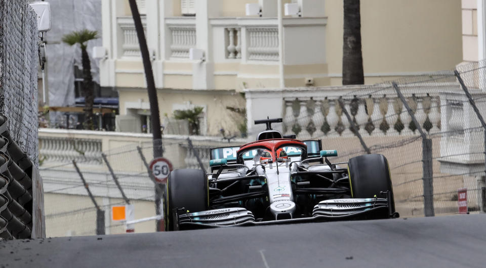 FILE - In this file photo dated Sunday, May 26, 2019, Mercedes driver Lewis Hamilton of Britain steers his car during the Monaco Formula One Grand Prix race, at the Monaco racetrack, in Monaco. Hamilton leads Ferrari driver Sebastian Vettel by 62 points as they head into this weekend’s French Grand Prix, Sunday June 23, 2019. (AP Photo/Luca Bruno, FILE)