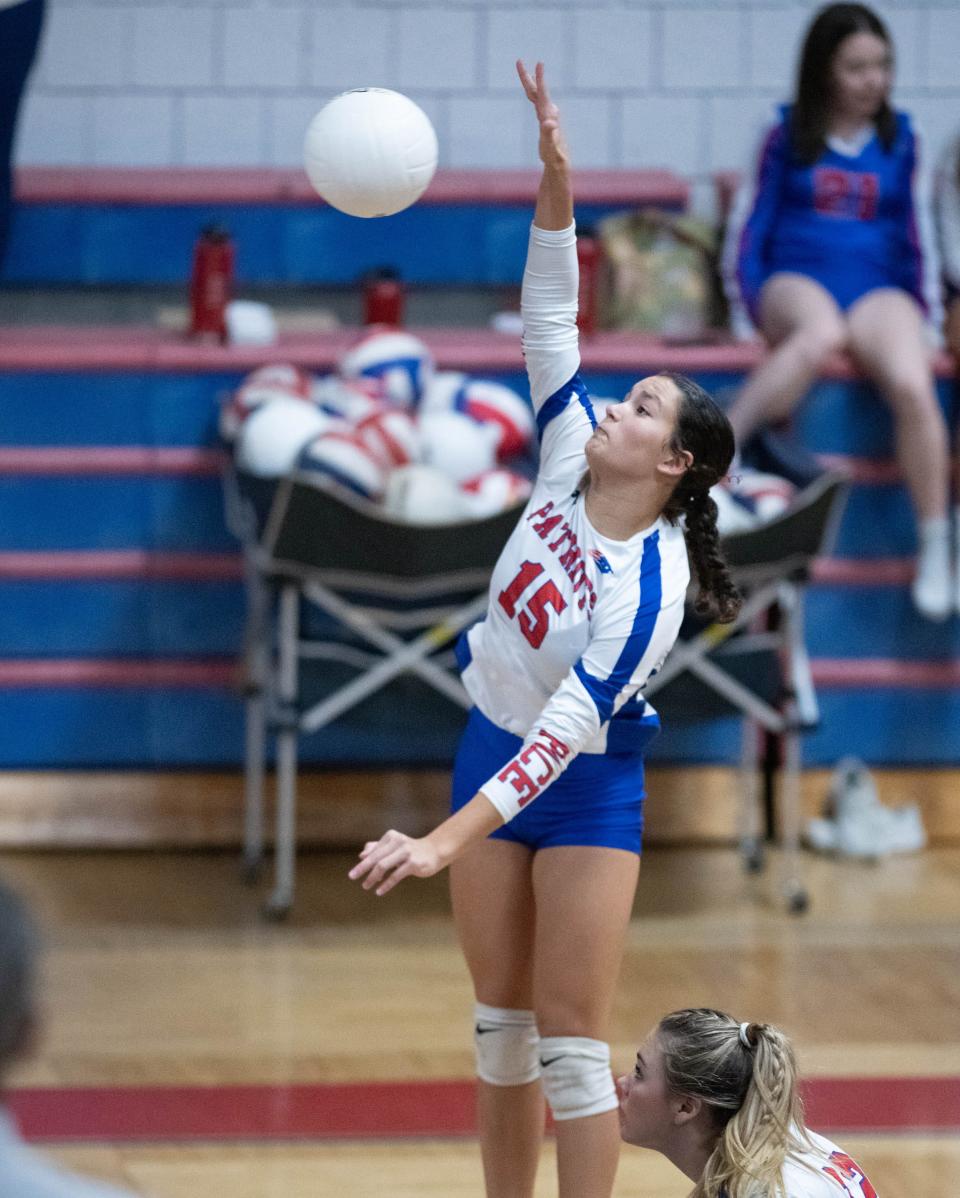 Cambree Klein (15) plays the ball during the West Florida vs Pace volleyball match at Pace High School on Wednesday, Sept. 6, 2023.