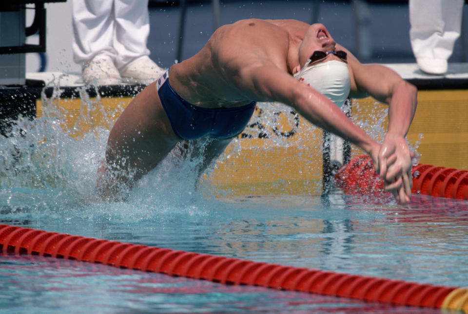 Spanish swimmer Martin Lopez-Zubero leaps from the blocks as he begins the men's 200 meter backstroke race at the Olympic Games. | Location: Barcelona, Spain.    (Photo by Jean-Yves Ruszniewski/TempSport/Corbis/VCG via Getty Images)