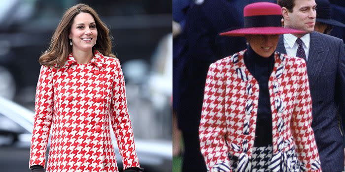 <p>While in Sweden this January, the Duchess of Cambridge wore a red-and-white houndstooth coat by Catherine Walker. The style paid homage to the Princess of Wales's red-and-white Moschino jacket, which she wore frequently in the '90s. </p>