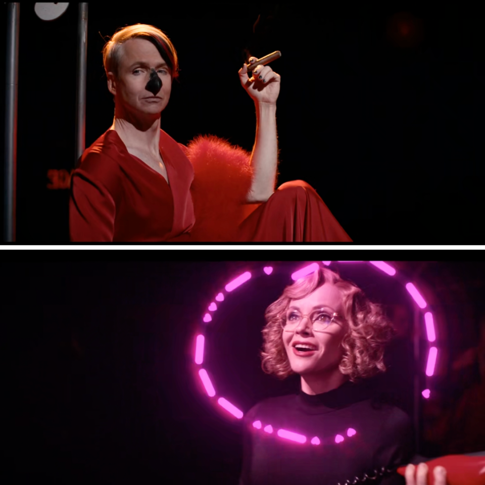 Two images. The top shows John Cameron Mitchell as Caligula leaning against a stage in a red robe and smoking a cigar. The bottom shows Christina Ricci as Misty hold a red telephone with animated pink morse code surrounding her in the shape of a heart.
