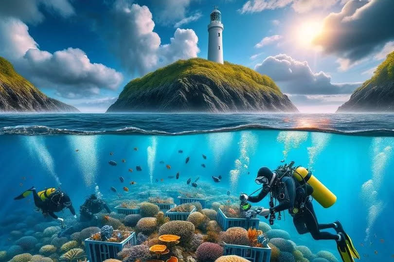 A diver inspects a coral nursery near Ynys Llanddwyn, Anglesey