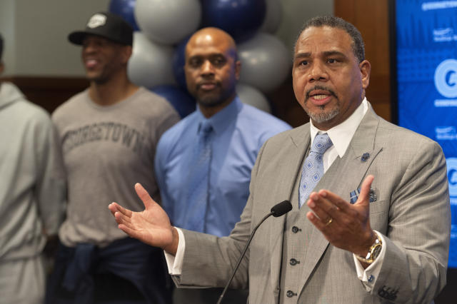 New Georgetown NCAA college basketball head coach Ed Cooley speaks during an introductory press conference in Washington, Wednesday, March 22, 2023. (AP Photo/Cliff Owen)