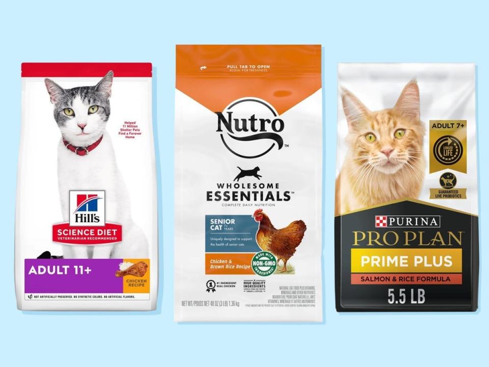 Three bags of the best senior cat food from Hill's, Nutro, and Purina against a blue background.