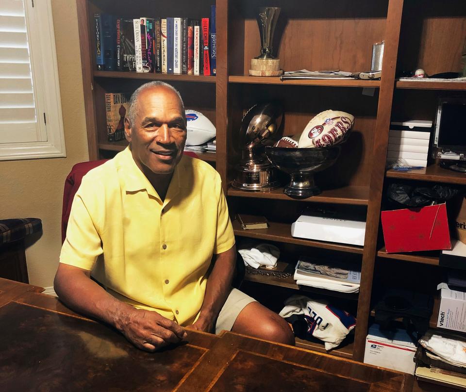 This June 6, 2019, photo shows O.J. Simpson in his Las Vegas area home. After 25 years living under the shadow of one of the nation’s most notorious murder cases, Simpson says his life now is fine.