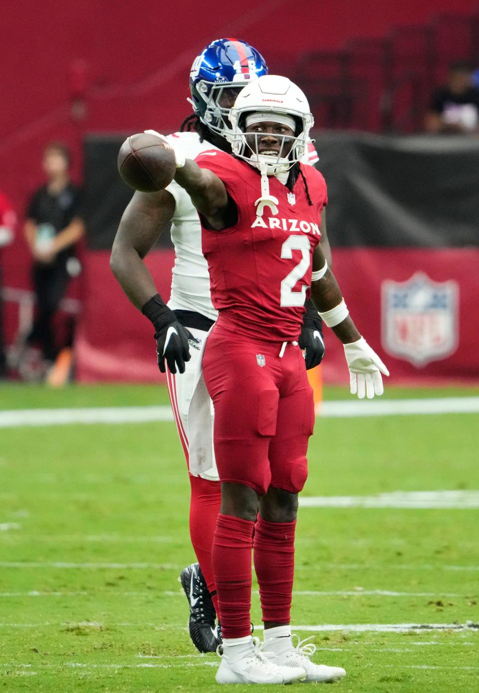 Arizona Cardinals wide receiver Marquise Brown (2) makes a first down against the New York Giants in the first half at State Farm Stadium on Sept. 17, 2023.