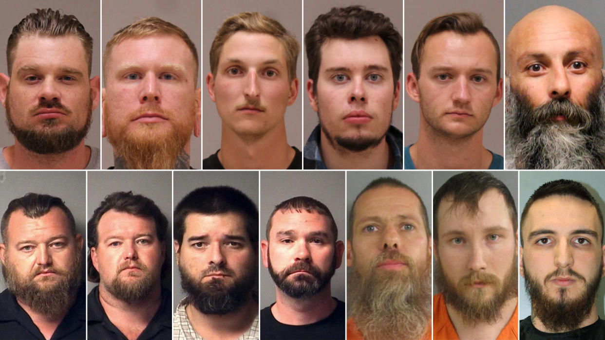 Mugshots of the 13 men who were arrested on federal and state charges relating to an alleged plot to kidnap Michigan Gov. Gretchen Whitmer. TOP (left to right): Adam D. Fox, Brandon M. Caserta, Daniel J. Harris, Ty G. Garbin, Kaleb J. Franks, Barry Croft  BOTTOM (left to right): William G. Null Jr., Michael J. Null, Eric J. Molitor, Shawn M. Fix, Pete Musico, Joseph M. Morrison, Paul Bellar (Handout Photos)