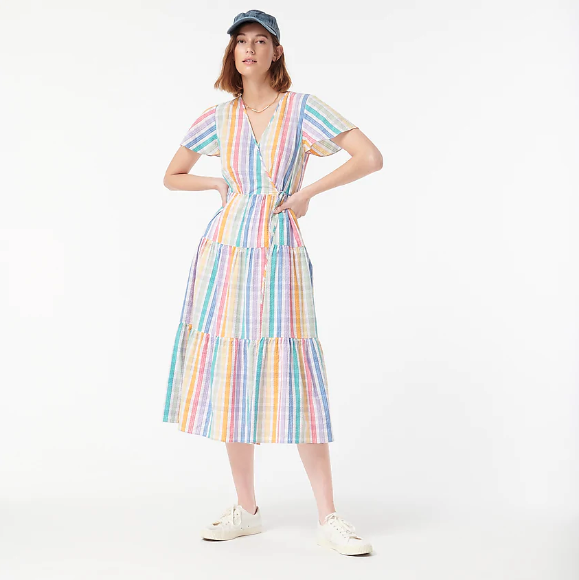 Faux-wrap dress in rainbow gingham. Image via J.Crew.