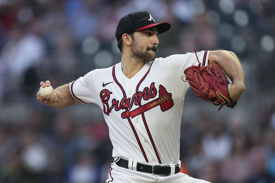 Atlanta Braves starting pitcher Spencer Strider works against the Philadelphia Phillies in the first inning of a baseball game Tuesday, Sept. 19, 2023. (AP Photo/John Bazemore)