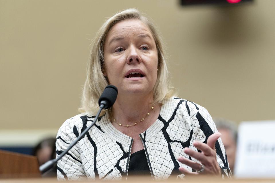 CEO, U.S. Olympic and Paralympic Committee Sarah Hirshland, testifies during The Commission on the State of U.S. Olympics and Paralympics hearing on Capitol Hill in Washington, Wednesday, Sept. 6, 2023. (AP Photo/Jose Luis Magana)