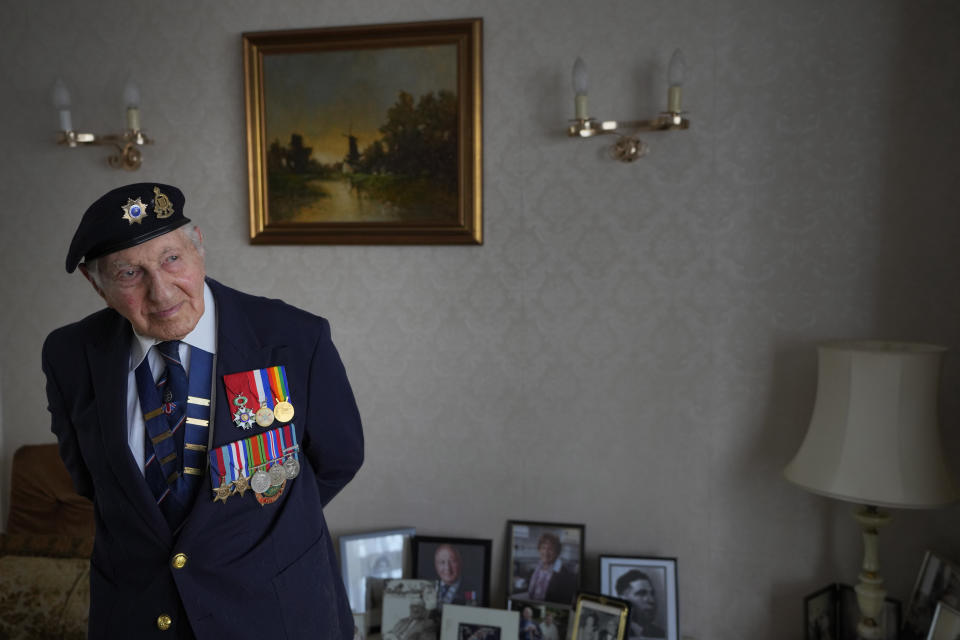 Mervyn Kersh D-Day veteran who fought in the Normandy Campaign, at his home in London, Monday, April 8, 2024. A Jewish veteran is preparing to commemorate the 80th anniversary of the D-Day landings. Pvt. Mervyn Kersh was summoned by his commanding officer and threatened with arrest even as he prepared to embark for the battlefields of Normandy eight decades ago. (AP Photo/Kirsty Wigglesworth)