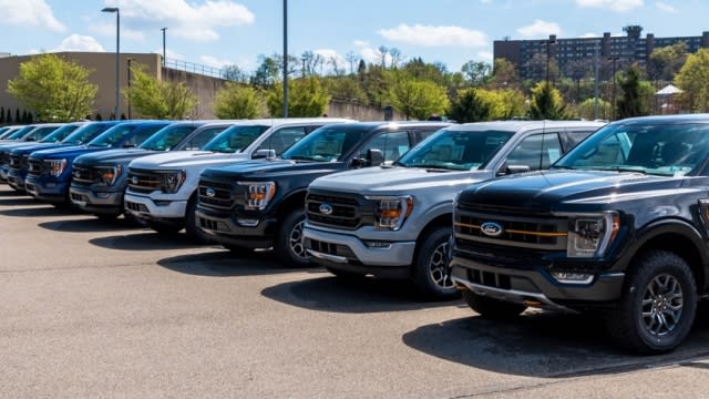 A line of new Ford F150 pickup trucks for sale at a dealership.