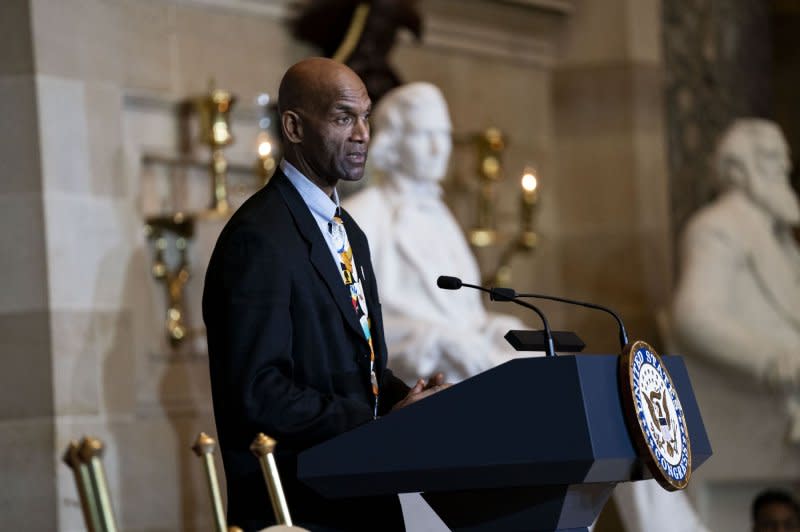 Larry Doby Jr. speaks during a Congressional Gold Medal Ceremony posthumously honoring his dad, Major League Baseball player and civil rights activist Larry Doby, the first African American to play in the American league, at the U.S. Capitol in Washington, D.C. Photo by Bonnie Cash/UPI