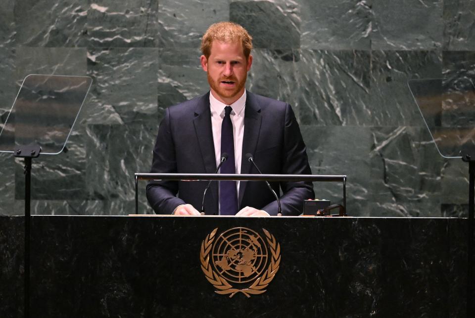 Prince Harry delivers the keynote address during the 2020 UN Nelson Mandela Prize award ceremony at the United Nations in New York on July 18, 2022.