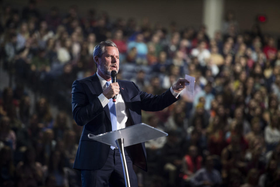 FILE - In this Wednesday, Nov. 1, 2017 file photo, Liberty University President Jerry Falwell Jr. speaks at convocation at Liberty University in Lynchburg, Va. On Aug. 7, 2020, Falwell stepped down, at least temporarily, from his role as the president of the school. (Jay Westcott/The News & Advance via AP)