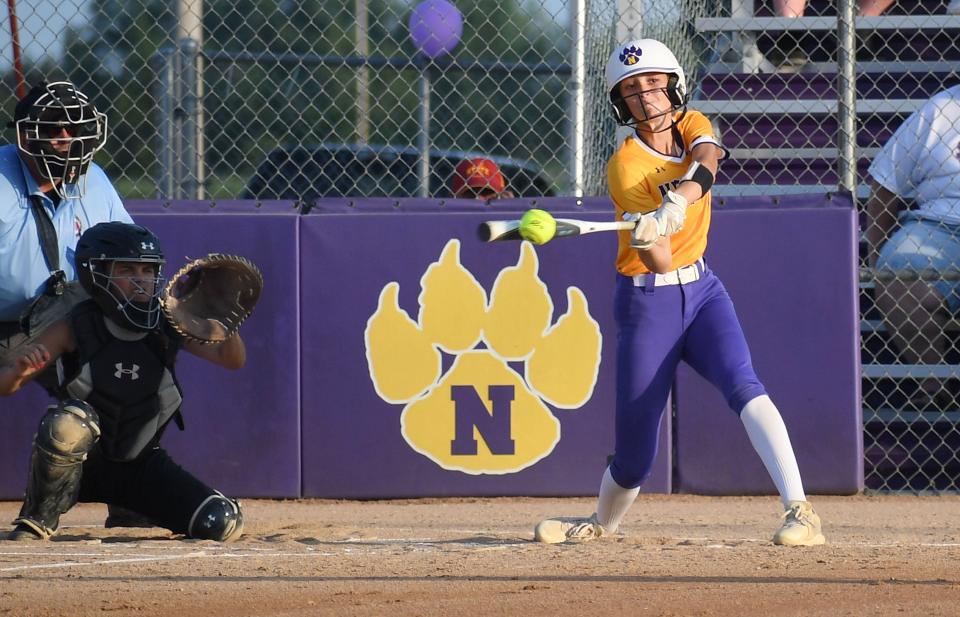 Nevada's Briar Crain hits the ball for a single against Grand View Christian during the first inning at Nevada Softball Field Friday, June 24, 2022, in Nevada, Iowa.