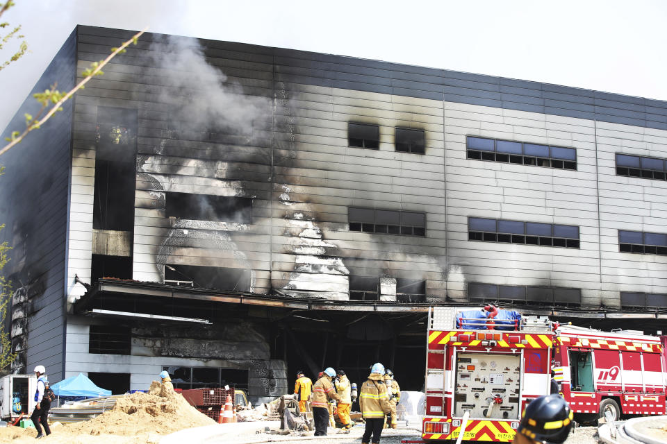 Smoke rises from a construction site in Icheon, South Korea, Wednesday, April 29, 2020. Several workers were killed in the fire, South Korean officials said. (Hong Ki-won/Yonhap via AP)