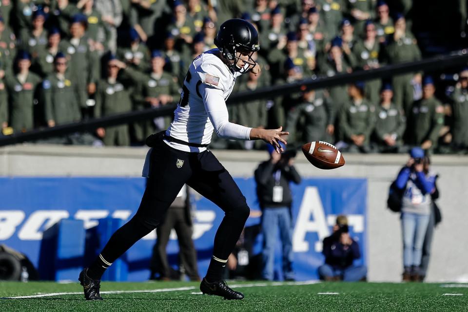 As a sophomore in 2019 Army's Zach Harding, shown here punting at Air Force, set the Army single-season record of 48.1 yards per attempt.