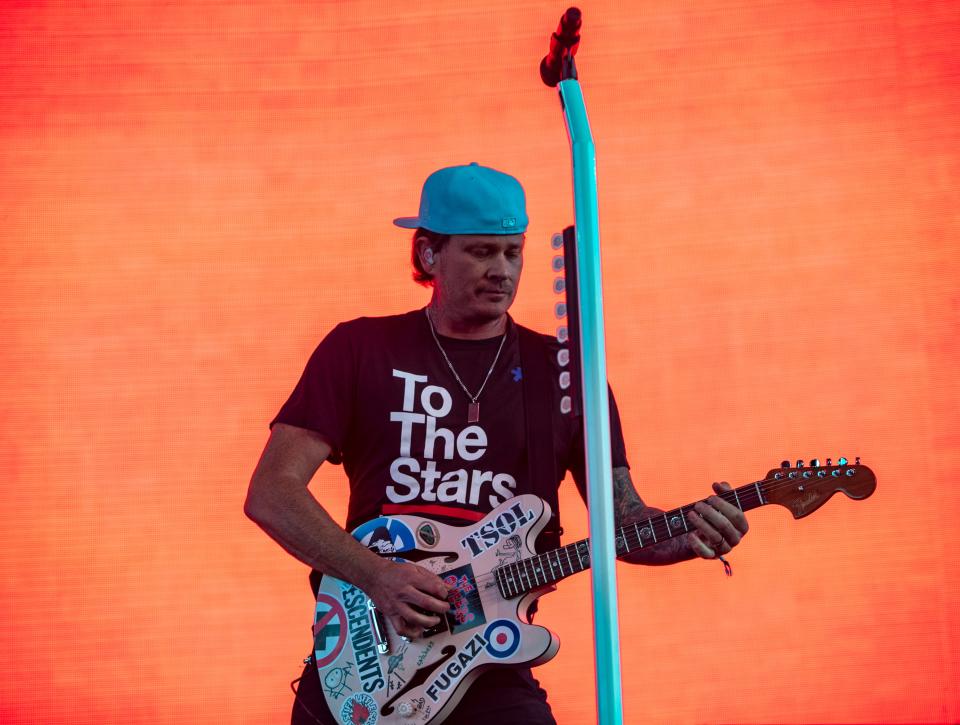 Blink-182 guitarist and vocalist Tom DeLonge performs "The Rock Show" in the Sahara tent during the Coachella Valley Music and Arts Festival at the Empire Polo Club in Indio, Calif., Friday, April 14, 2023. 