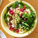 <p>Precooked farro makes this dish come together in no time. And you can make it in the same bowl you serve it in, minimizing cleanup! <a href="https://www.eatingwell.com/recipe/281189/farro-salad-with-arugula-artichokes-pistachios/" rel="nofollow noopener" target="_blank" data-ylk="slk:View Recipe" class="link ">View Recipe</a></p>