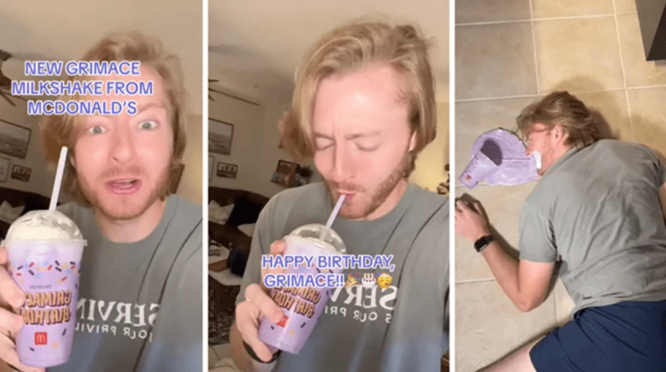 美國麥當勞6月替吉祥物奶昔大哥（Grimace）推出奶昔新品，意外激發大量網友拍攝喝完假裝倒地身亡的惡搞影片。 (來源：Austin Frazier)