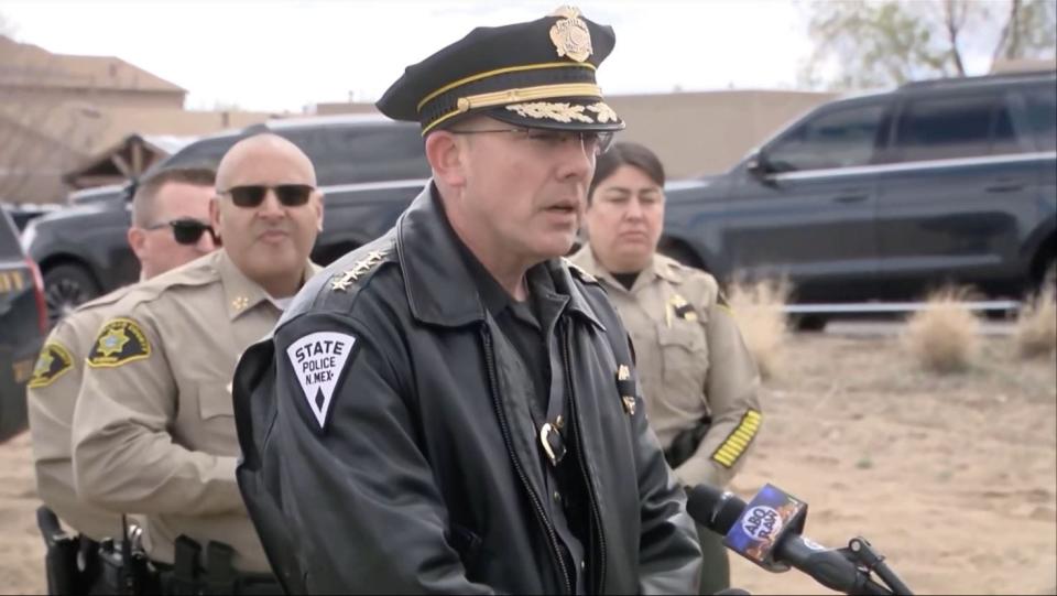 A screenshot of New Mexico State Police Chief Troy Weisler speaking at a press conference March 16, 2024 in Albuquerque. Weisler gave an update on the arrests of Jaremy Alexander Smith was suspected of shooting and killing a New Mexico State Police Officer.